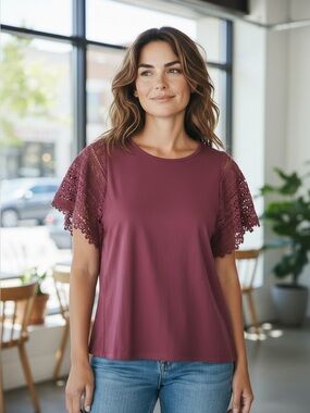 Garnet Hill Dusty Rose Lace Flutter Sleeve Top | M | Boho | Casual